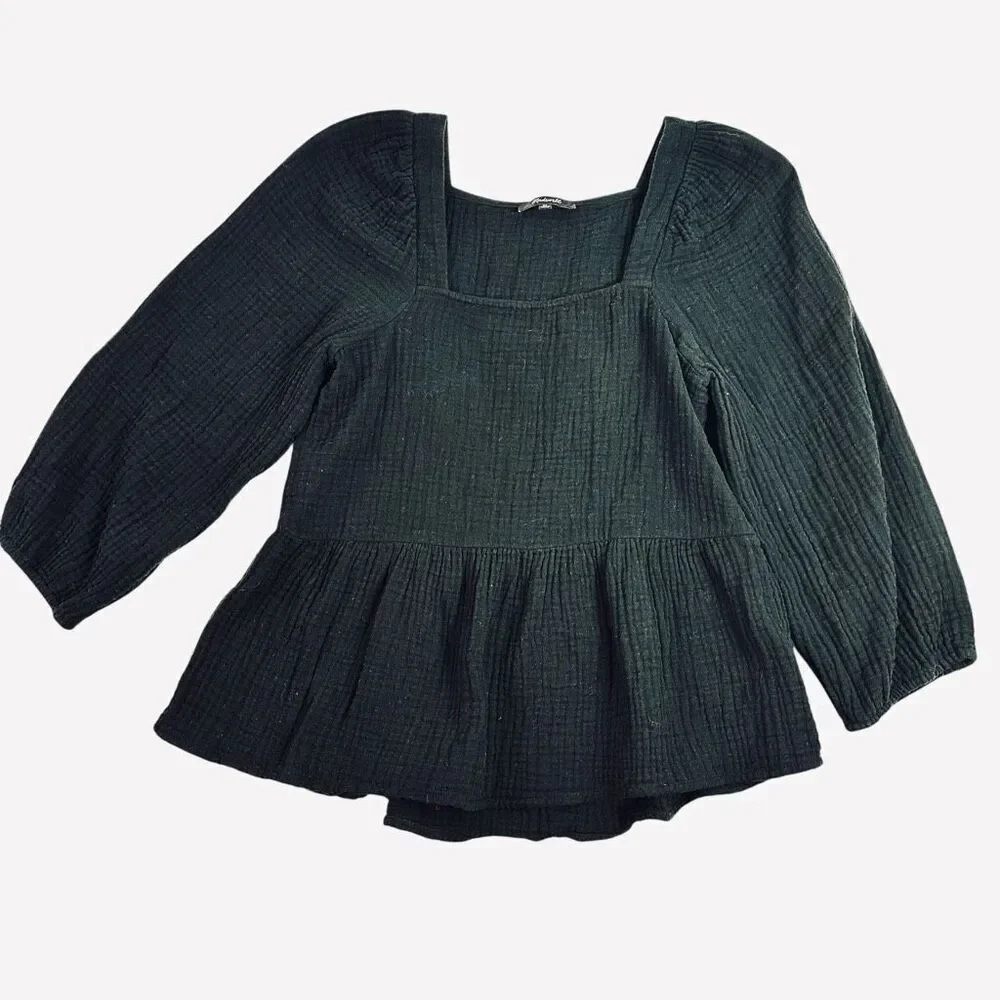 Madewell XS Black Lightspun Millbrook Puff-Sleeve Peplum Top